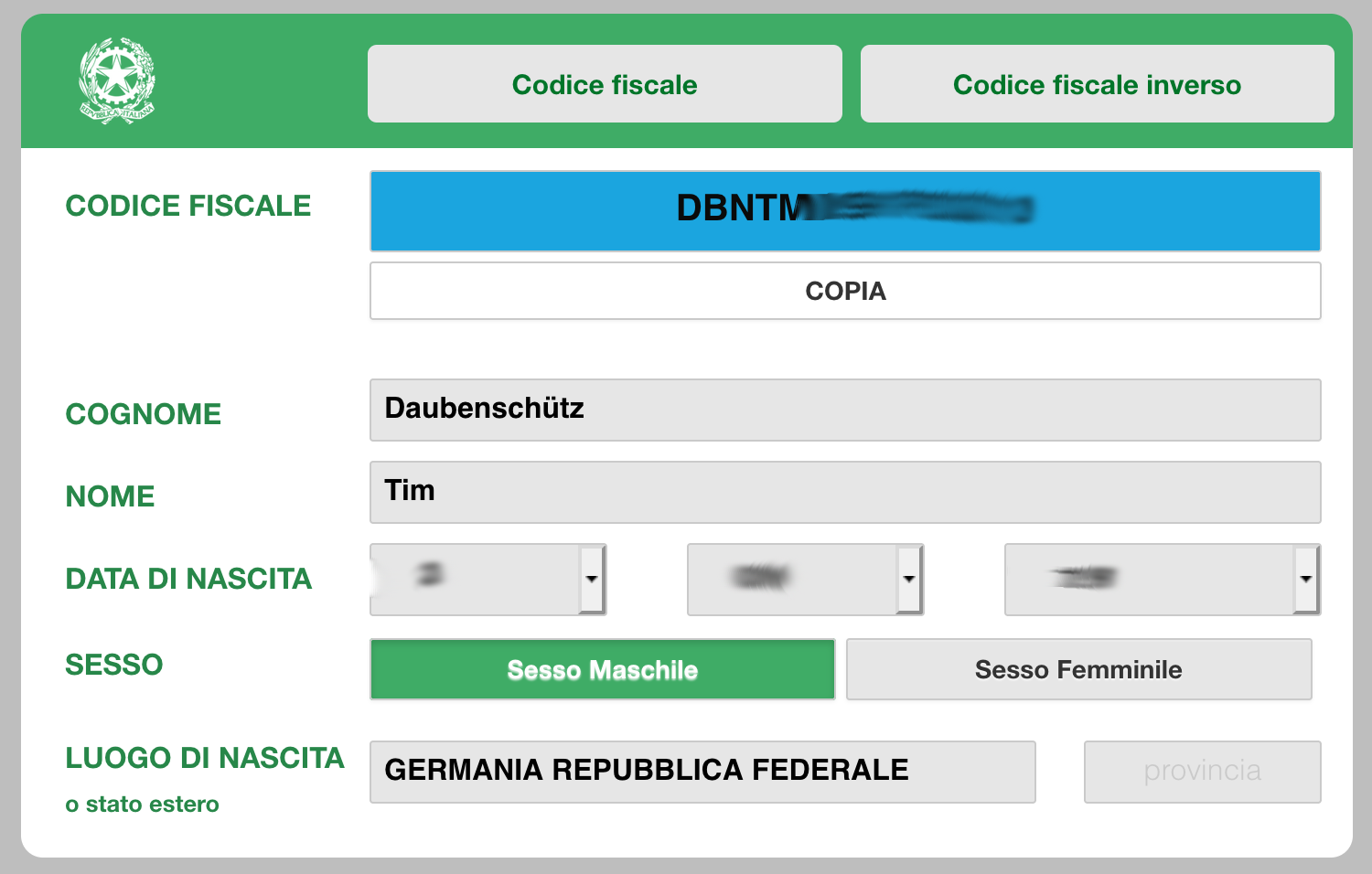A screenshot of Tim's hypothetical codice fiscale.